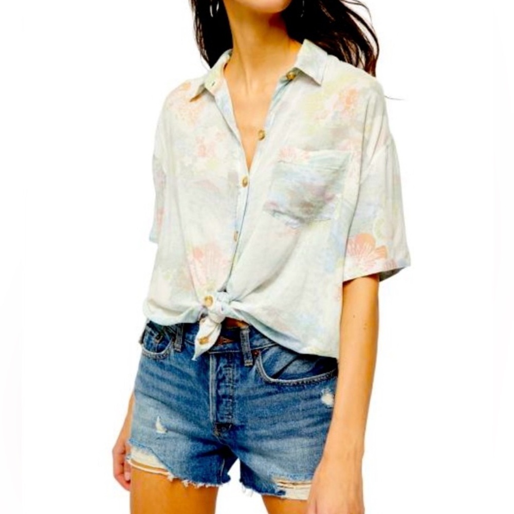 Free People Good Vibes Tropical Button Down Top